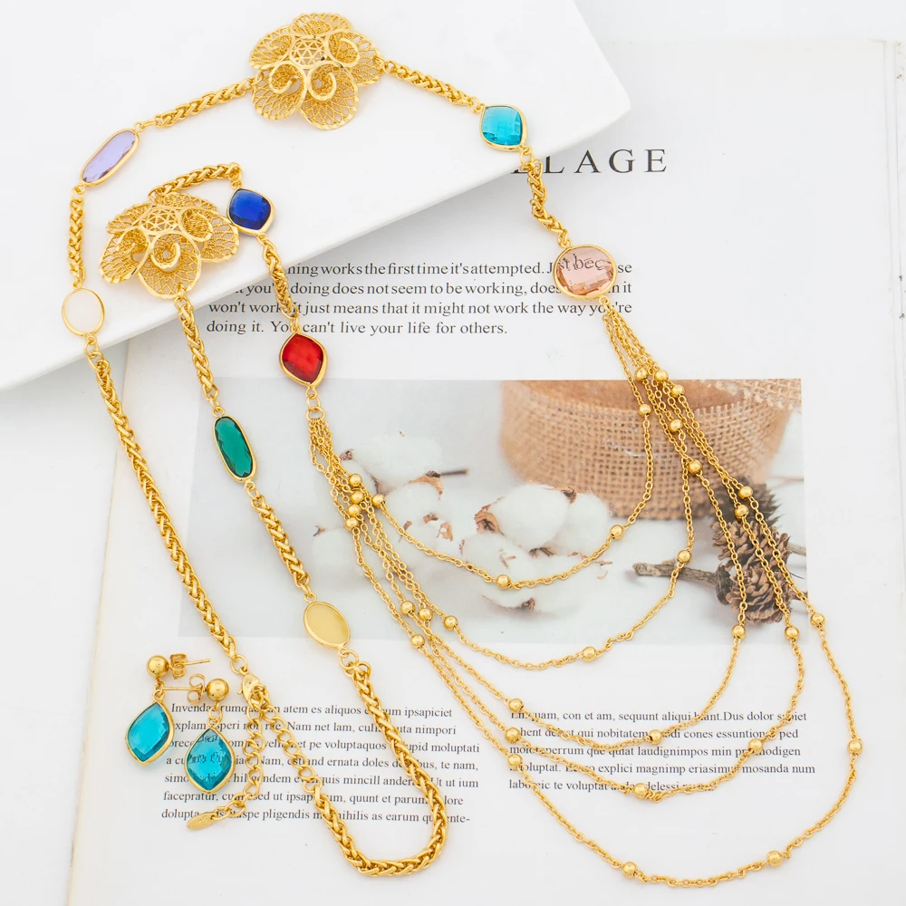 

Bohemia Jewlery Set for Ladies 18k Gold Color Drop Earrings and Tassel Necklace 2Pcs Set for Bride Weddings Gifts Dubai Jewelry