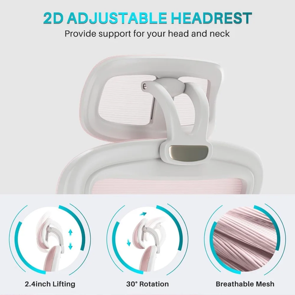 Ergonomic Office Chair M903, High Back Comfy Mesh Desk Chair with Wheels, Adjustable Lumbar Support, Headrest, Pink 5