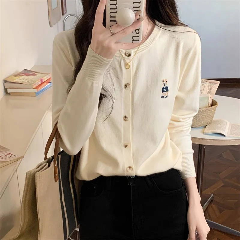 Women Autumn Winter Short Sweater Solid Color Bear Embroidery Cardigan