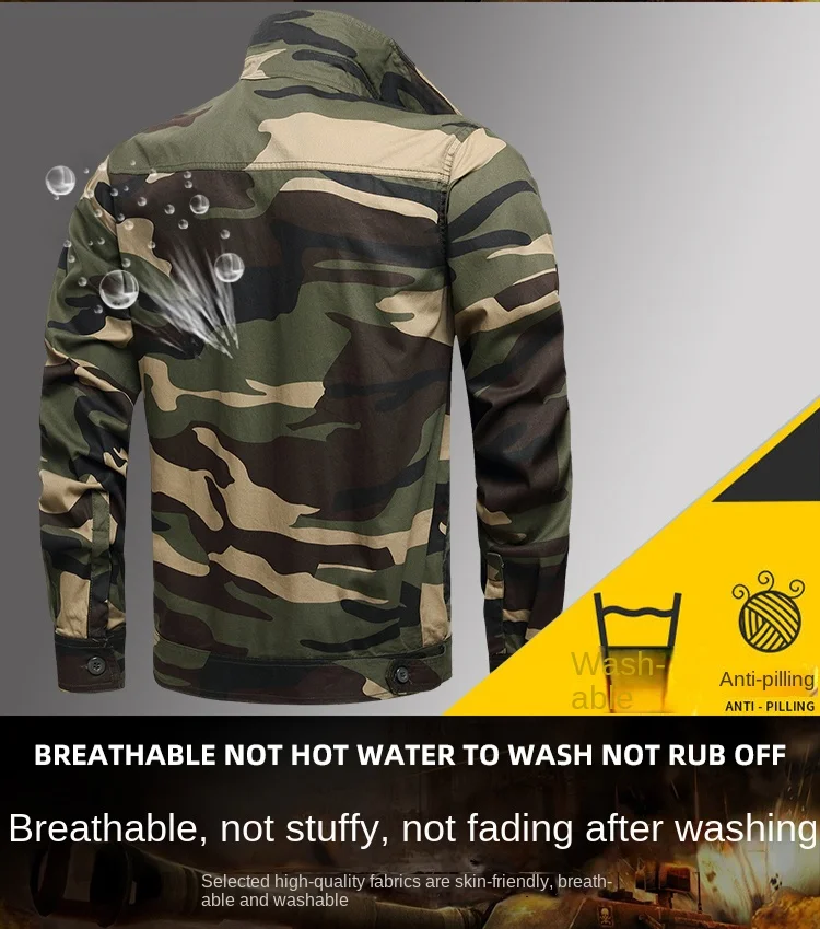 Men's Work Clothes Summer Set Outdoor Camouflage Set Thin Jacket Long Pants Wear resistant Pocket Work