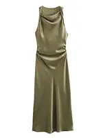 XNWMNZ 2024 Women's Fashion Satin Midi Dress Women High Street O Neck twisted armholes Waist Gathered Fit female Midi Dresses - Image 5