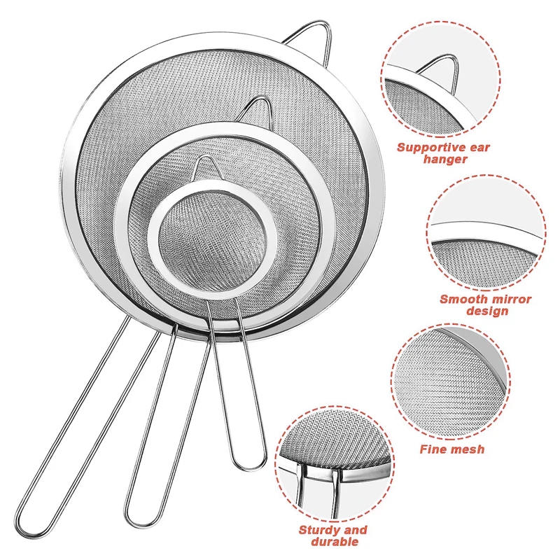 1/3/4Pcs/Set Stainless Steel Wire Fine Mesh Oil Strainer Flour Colander Sieve Sifter Pastry Baking Tools Kitchen Accessories