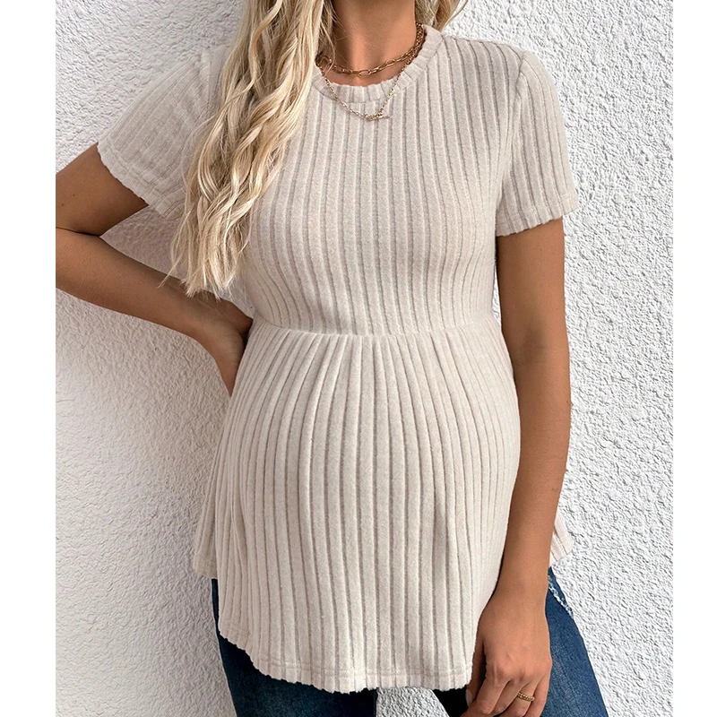 Pregnant Women Clothing Knitted Tees Maternity Clothes Pregnant Women Short Sleeve Monochrome Daily Leisure T-shirt - 3