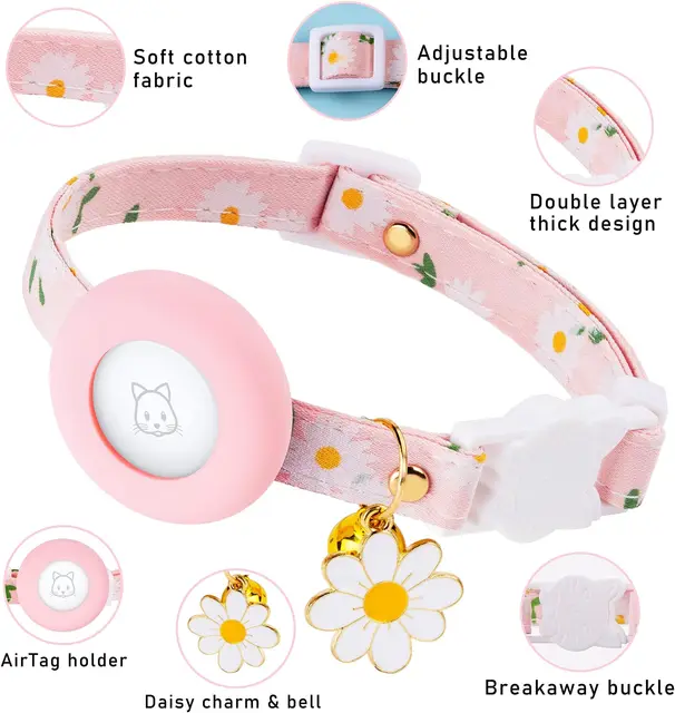 Airtag Cat Collar, Kitten Collar Breakaway with Silicone Airtag Holder, Bells & Flower Charm for Girl Cats Boy Cats Small Dogs 2