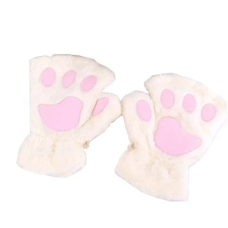 Women Cartoon Cat Claw Gloves Thicken Fingerless Plush Bears Warm Cute Thick Fleece Bear Paw Fingers Half Winter Mittens Gloves