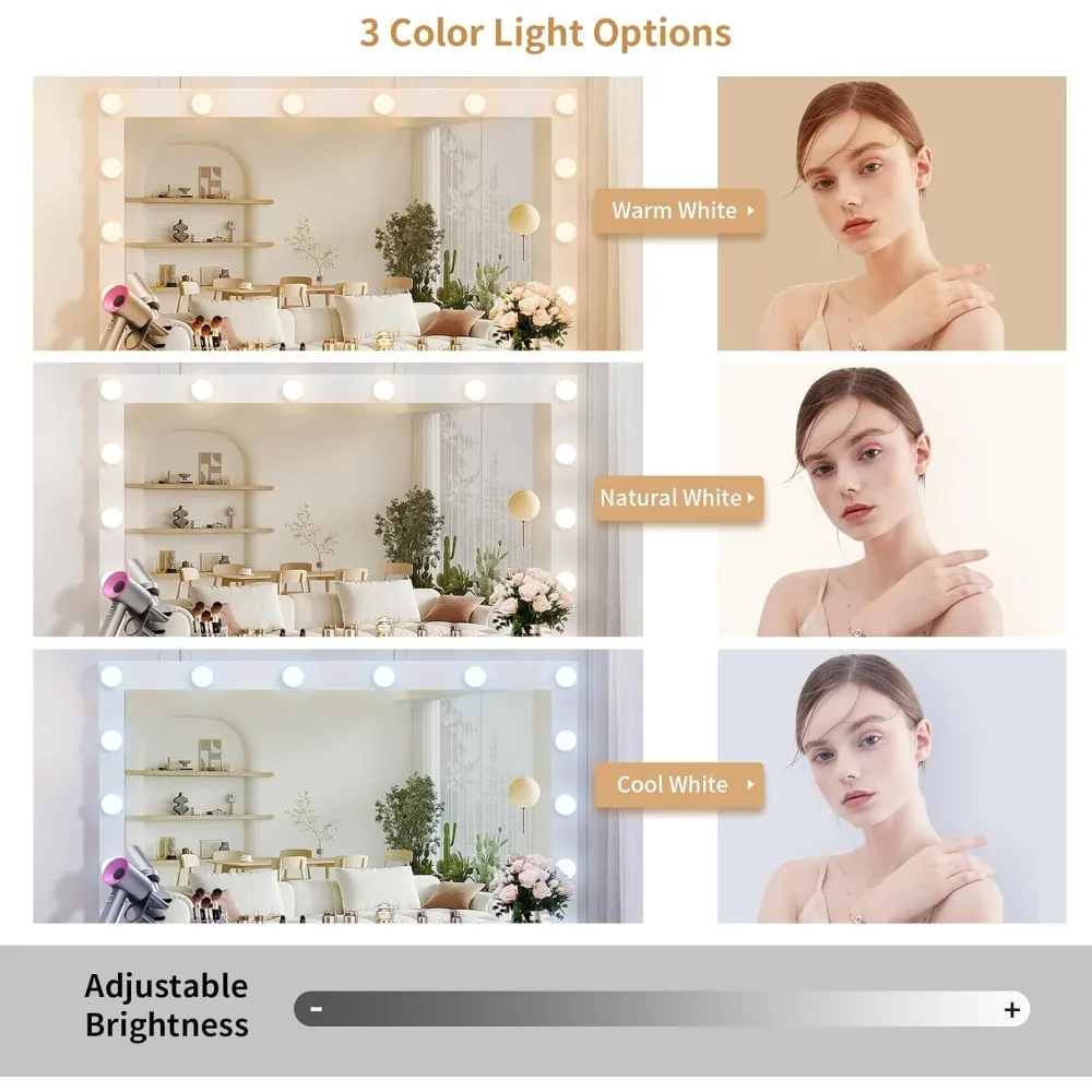 Vanity Makeup Desk with Lighted Mirror, Power Outlet, Soft Stool and 7 Drawers, 3 Color Lighting Modes Adjustable Brightness 4