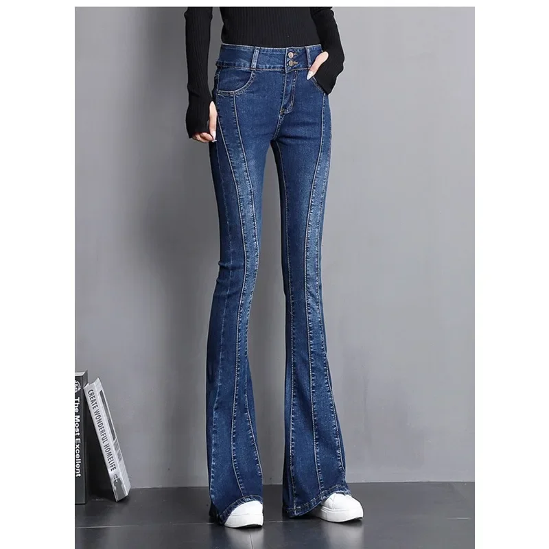 New Streetwear Patchwork Skinny Flare Jeans Vintage Stretch Denim Bell Bottom Pants Women Fashion Cowboy Mopping Trousers