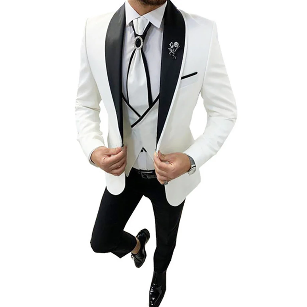 

Wedding Suit for Men Classic White Blazer with Black Satin Lapel Tuxedo Groom Wear Slim Fit Costume Homme 3 Piece Male Sets