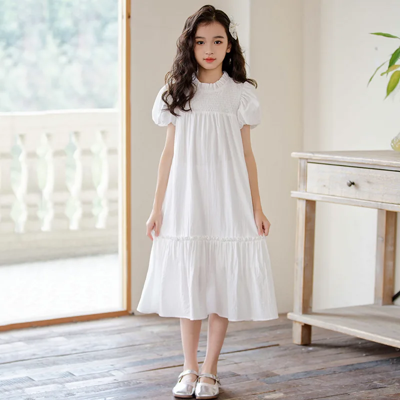 

Party Dress for Kids Summer 2024 New Puff Sleeve White Black Girls Princess Dresses Casual Loose School Teenage Children Clothes