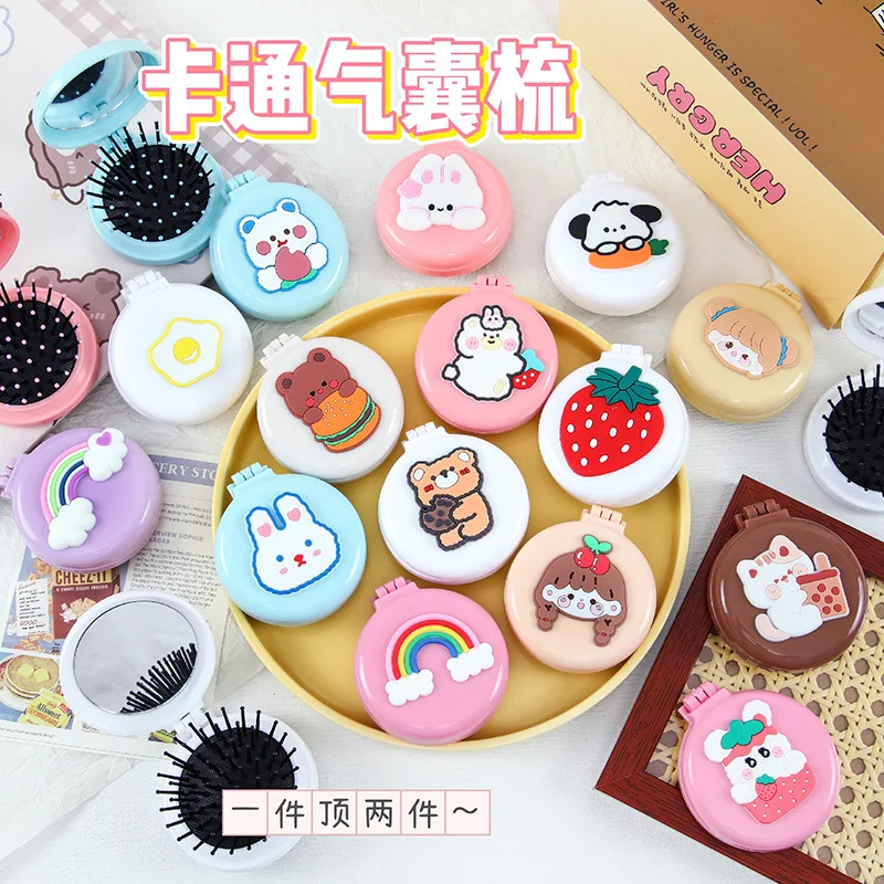 Cute Cartoon Macaron Folding Hair Comb Portable Folding Comb Kawaii 2 in 1 Folding Comb with Small Mirror Baby Makeup Supplies