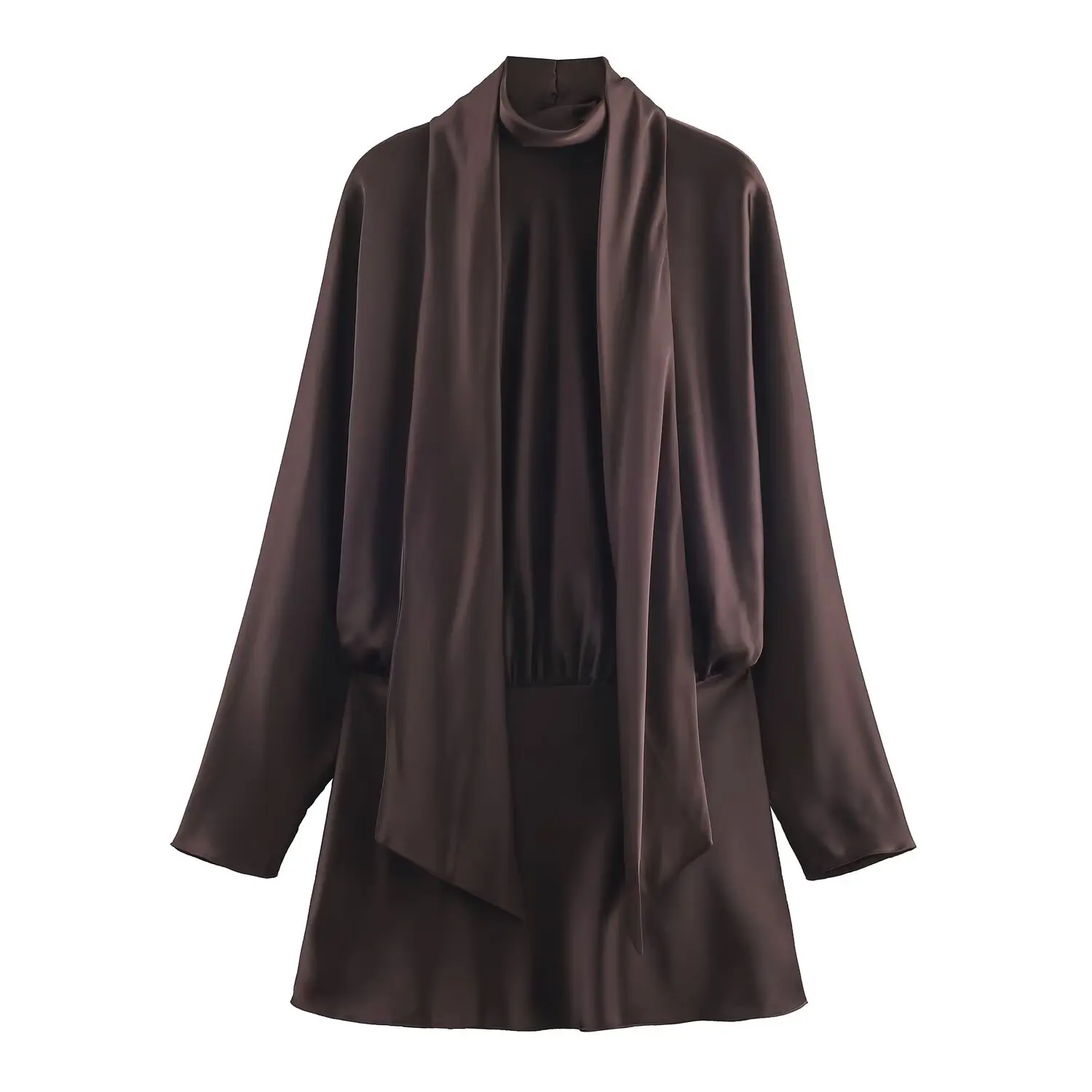 Women's France Elegant Satin Dress Fashion Scarf Decoration Female Short Dress Spring Autumn High Street Long Sleeves Mini Dress