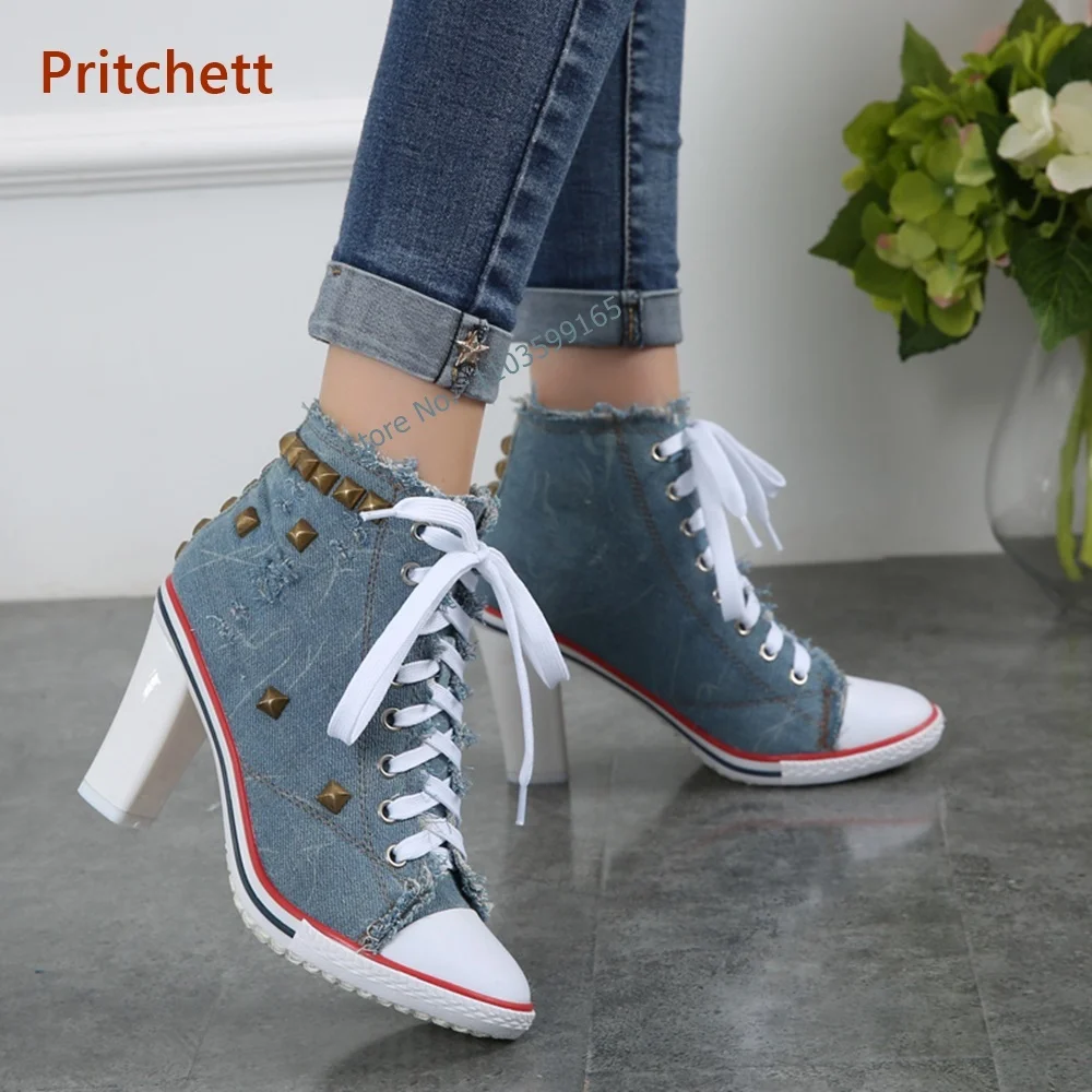 

Denim Lace Up Thin Heel Pumps Round Toe Rivet Mixed Color Blue White Women's Stiletto Shoes Spring Cross Strap Fashion Sneakers