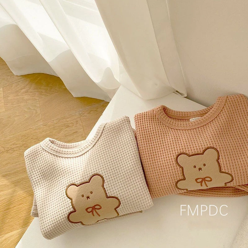 2022 New Children Casual Clothes Set Boys Girls Bear Sweatshirt + Pants 2pcs Suit Solid Color Cotton Kids Baby Outfits baby outfit matching set