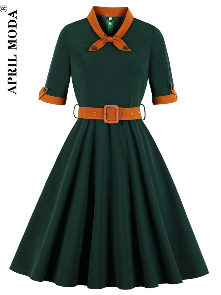 

Dark Green Autumn Women 50s 60s Tunic Midi Dress Retro Vintage Robe Rockabilly Vestido Office Casual Winter 1950s Short Jurken