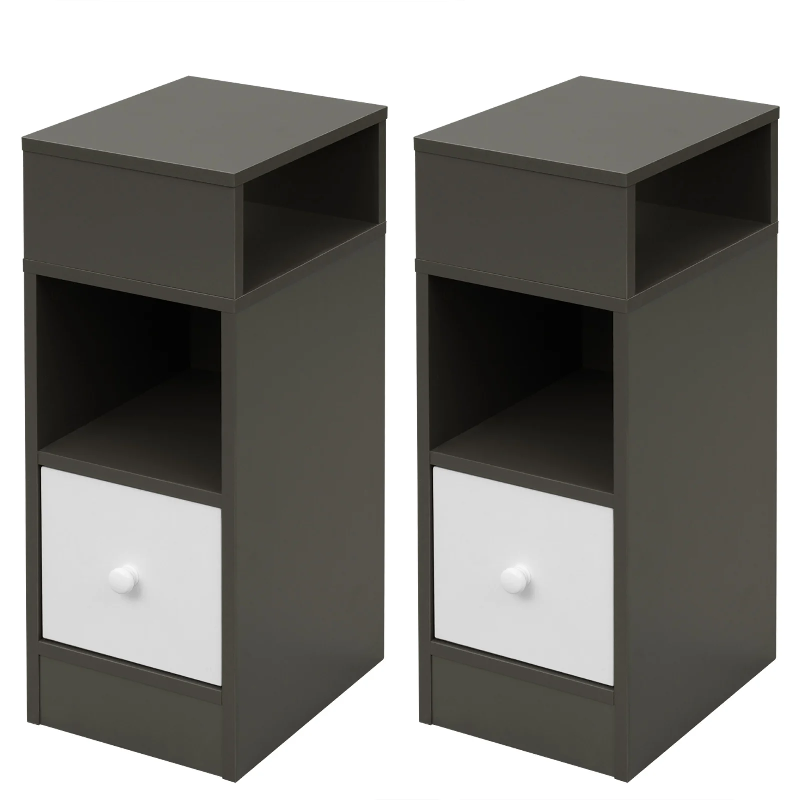 2PCs Bedroom Bedside Table with 2Open Shelves 1Drawer 25x66x30cm Slim Small Storage Cabinet Nightstand Space-Saving Home Decor - Image 2