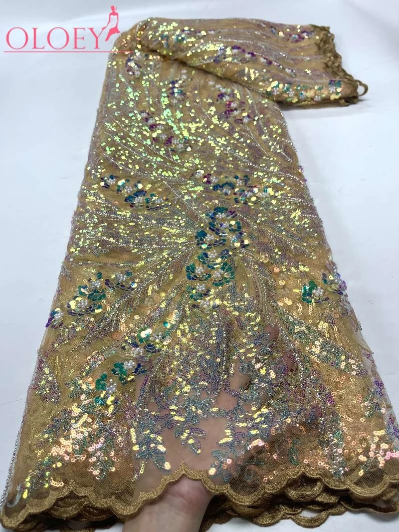 

2023 Fashion Elegant French Embroidery Beaded Lace Fabric African Nigerian With Sequins Fabric For Wedding Dress