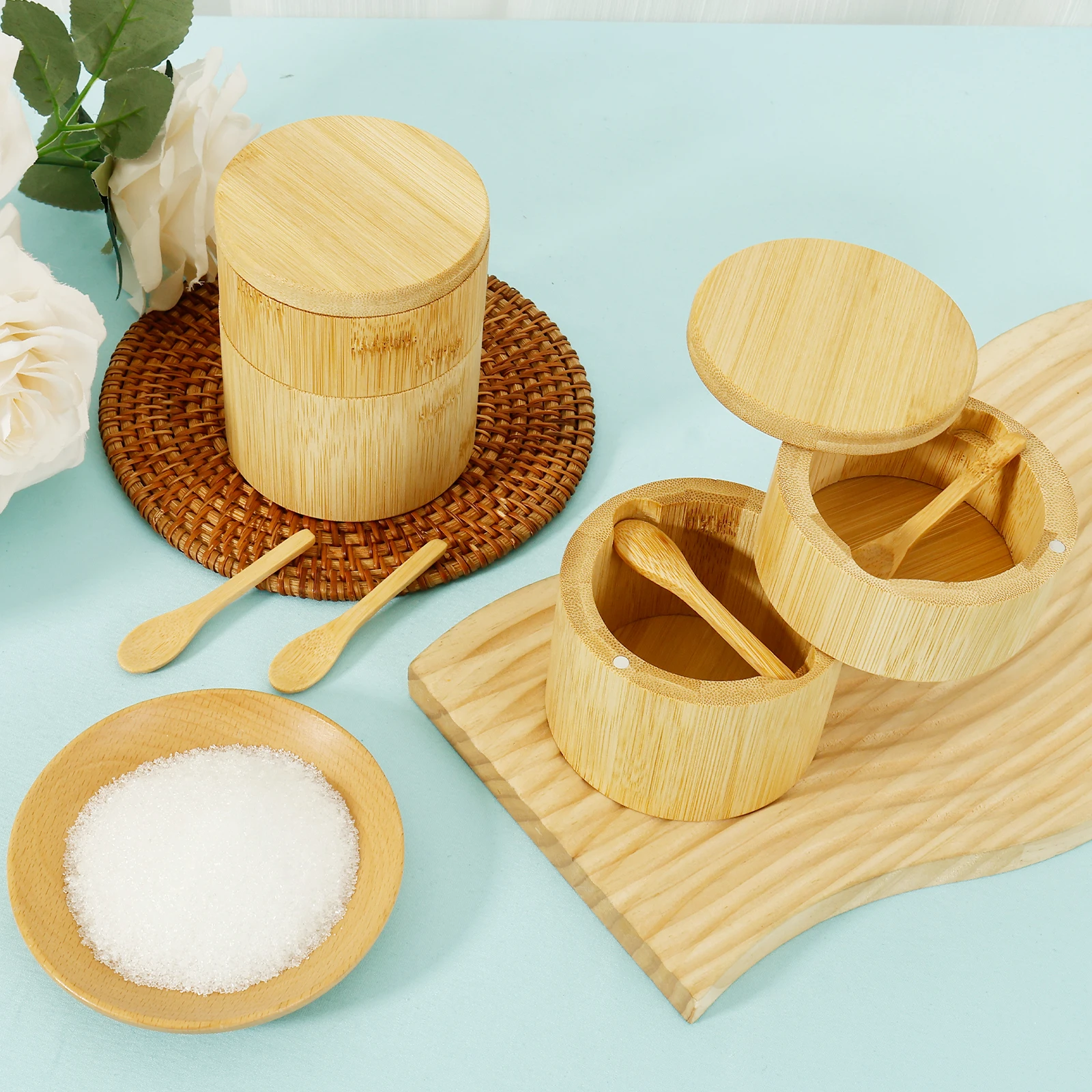 Bamboo Double Deck Salt Pepper Jars with Magnetic Lid