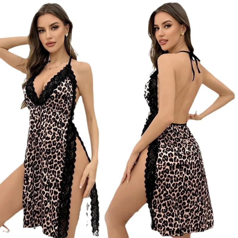 Leopard Print Erotic Lingerie Sexy Backless Halter V Neck Nightgown Womens High Slit Lace Trim Mini Babydoll Sleepwear Dress New