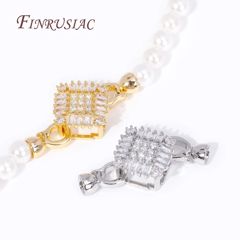 진주 목걸이 제작용 금 도금 상감 지르콘 사각형 커넥터 잠금 장치, 고품질 비즈 엔드 캡 걸쇠 패스너, 18K 