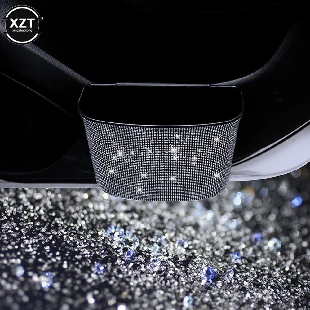 Car Trash Can Diamond Crystal Organizer Bin with Lid Leakproof Mini Vehicle Trash Bin Glitter Garbage Car Hanging Accessories car storage bag car trash can car trash bag