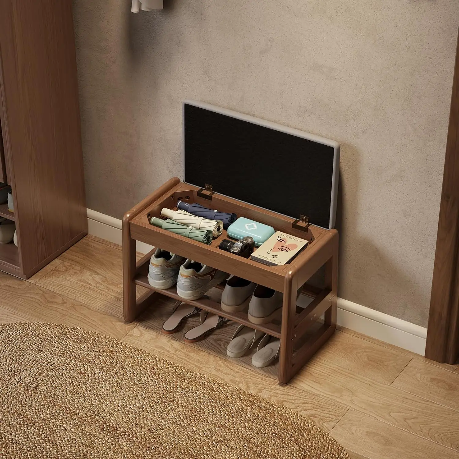 Small Shoe Bench with Cushion,2 Tiers Shoe Rack Bench with Flip-Top Storage,Wood Rack for Entryway（Walnut,23.62"）