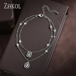 ZAKOL Exquisite AAA Cubic Zirconia Pendant Anklet for Women Elegant Sliver Color Wedding Party Dress Jewelry