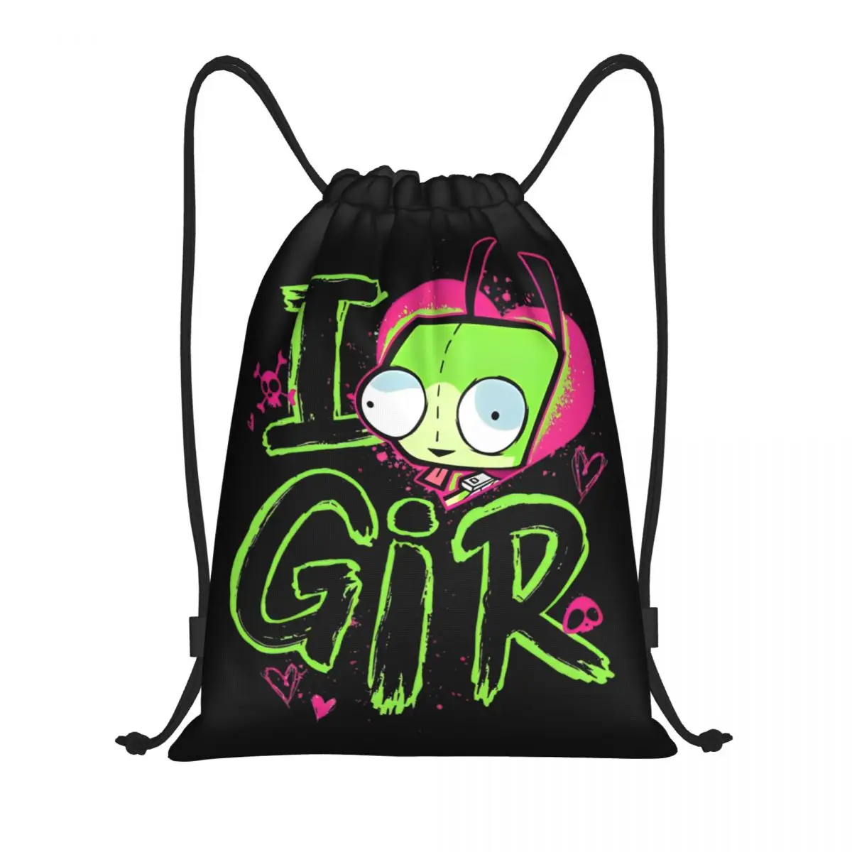 thumbnail image 1 of Mochila con cordón retro con diseño de Invader Zim, para el día de San Valentín, con texto "I Love GIR", 1 of 4