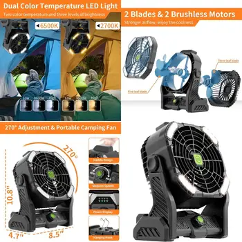 20,000mAh Rechargeable Camping Fan with LED Light – Portable Tent Fan with 270° Pivot, USB & Hanging Hook 1