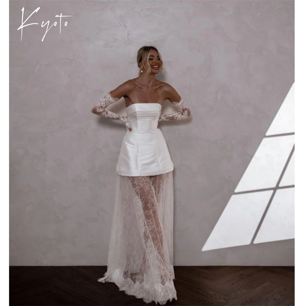 Kyoto Customized Strapless White Satin Wedding Dress Detachable Long Lace Train And Sleeves vestidos de novia Zip Back Formal - AliExpress 