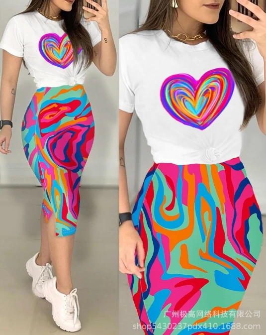 Women's Summer New Love Abstract Print Top Half Skirt Set with Leisure Style Commuter Bag Hip Slim Fit Mid Length Skirt Set