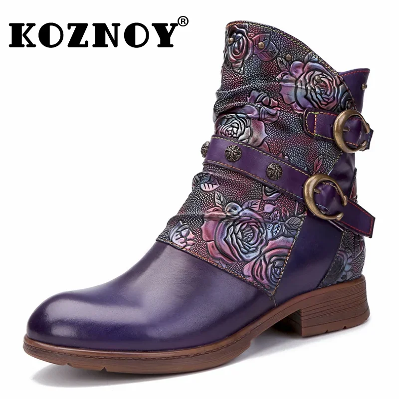 

Koznoy 3.5cm PU Genuine Leather Autumn Spring Booties Woman Moccasins Print Ethnic Comfy Flats Fashion Ankle Mid Calf Boot Shoes