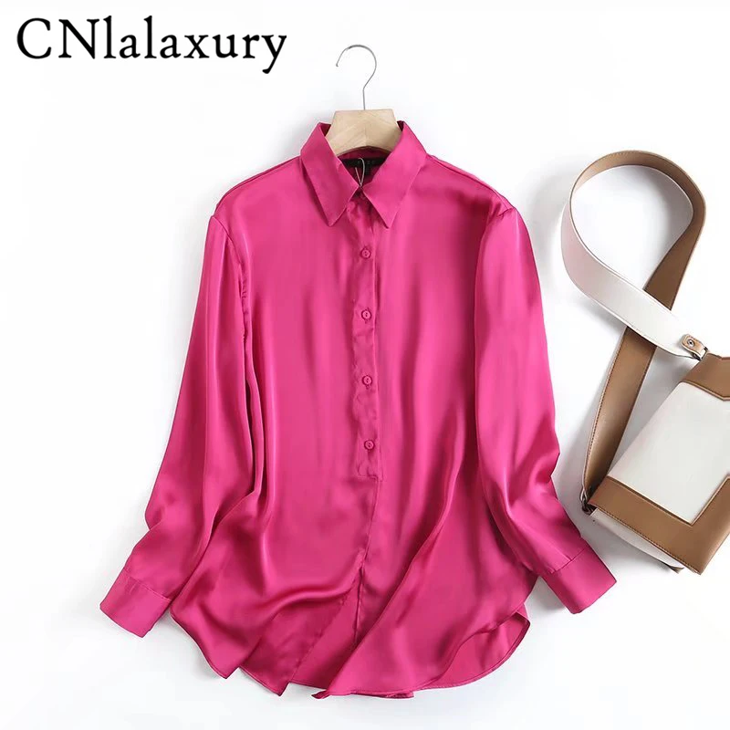 CNlalaxury 2022 Women High Quality Green Satin Blouse Long Sleeve Chic Shirt Female Office Lady Shirt Blusas Femininas Tops