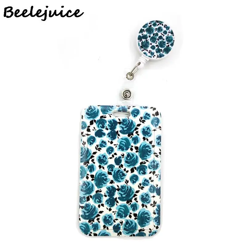 Elegant Blue Floral Badge Holder with Lanyard and Card Case