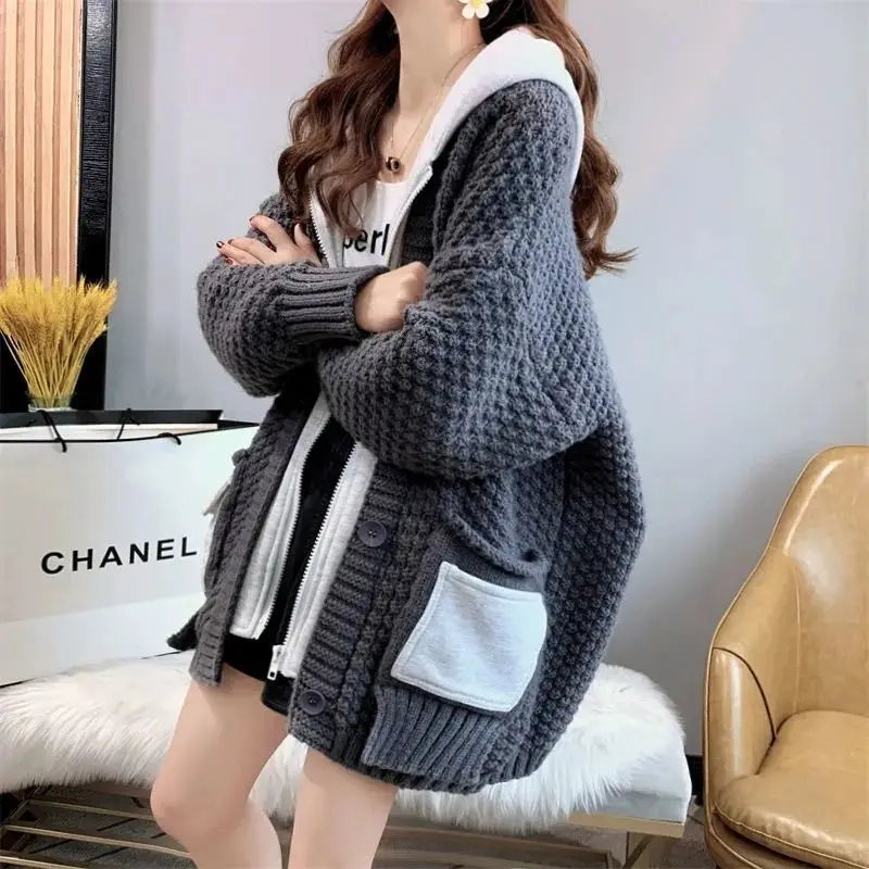 

Women 2023 Autumn New Korean Long Sleeve Sweater Coats Female Loose Hooded Cardigan Ladies Thicken Warm Knitted Jackets A372