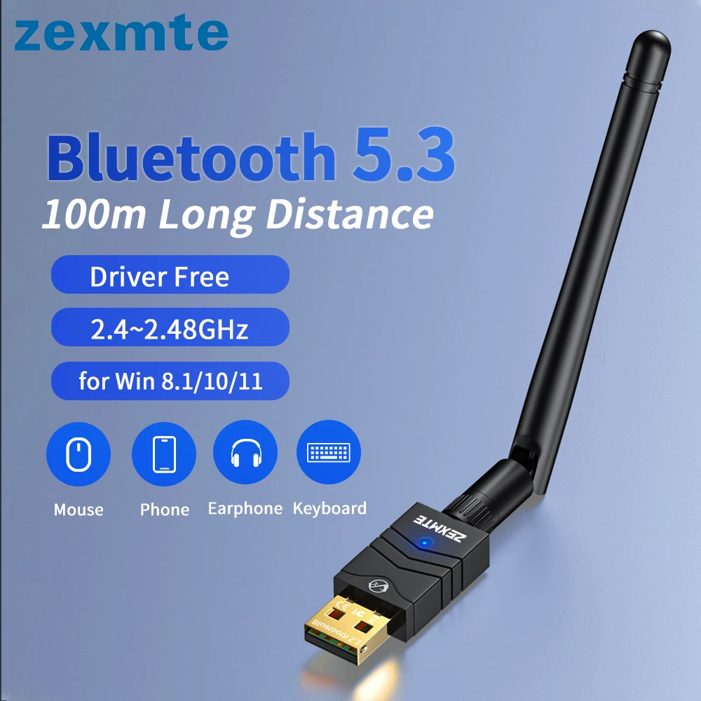 Zexmte-receptor de Áudio e Transmissor 150m Usb Bluetooth 5.3 5.1 para pc Alto-falante Mouse Música Edr Antena Rotativa