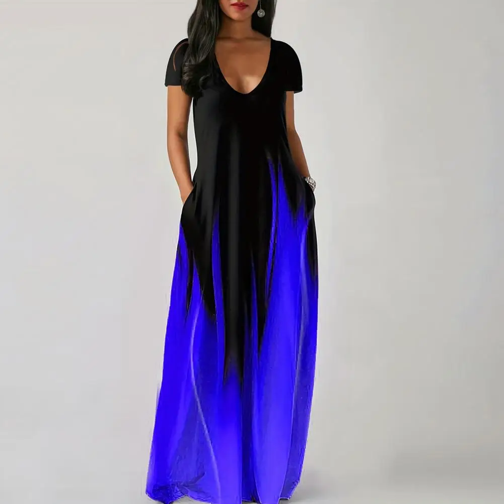 

Lady Long Dress Elegant Gradient Color Maxi Dress with Pockets for Women Soft Breathable V Neck Summer Dress Floor Length Wear