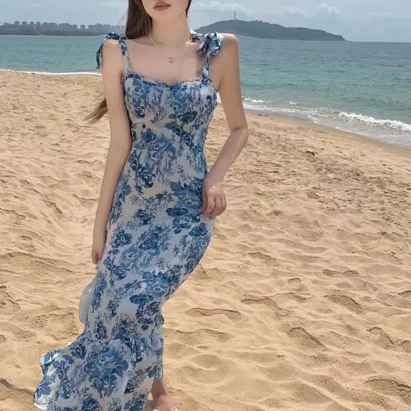 

2022 Spring Summer Blue Floral Elegant Suspender Dress Fashion Sexy Slim Dress Korean Style Beach Vacation Dress for Female