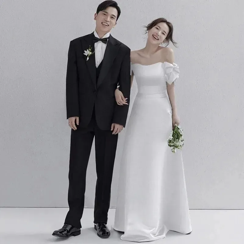 Robes de mariée en Satin noir pour femmes, avec nœud doux, épaules dénudées, robe de soirée élégante, longueur au sol, Simple, pour tournage de mariage, 2025