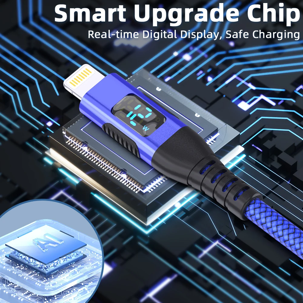 1M 2M 3M LED 디스플레이 USB A to Lightning 케이블 나일론 브레이드 고품질 MFi 인증 고속 충전 케이블 (아이폰14 13 12 11 XS XR X 호환)