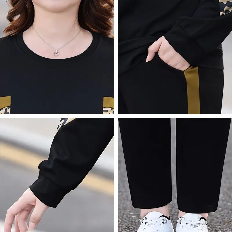 Spring Autumn O-Neck Leopard Print Long Sleeve Top Lady Pockets Side Gold Stripe Pants Casual Running Plus Size Two Pieces Sets