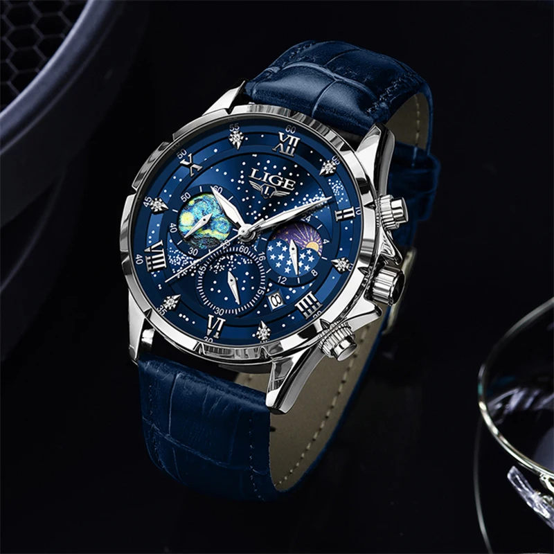 LIGE Classic Blue Leather Watch Men Fashion Business Men Watch Military Sport Waterproof Quartz Chronograph Relogio Masculino