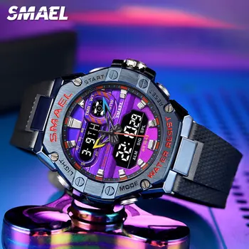 SMAEL Dual Time Display Watch Men Waterproof Electronic Digital Quartz Wristwatch with Purple Dial Chronograph Date Alarm 8066