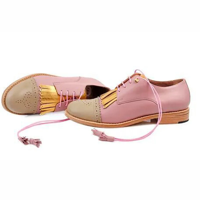 New Women Soft Leather Oxfords Shoes Hand-made Leisure Lace-up Brogues Wingtips Shoes For Ladies Caved Tassel Flats
