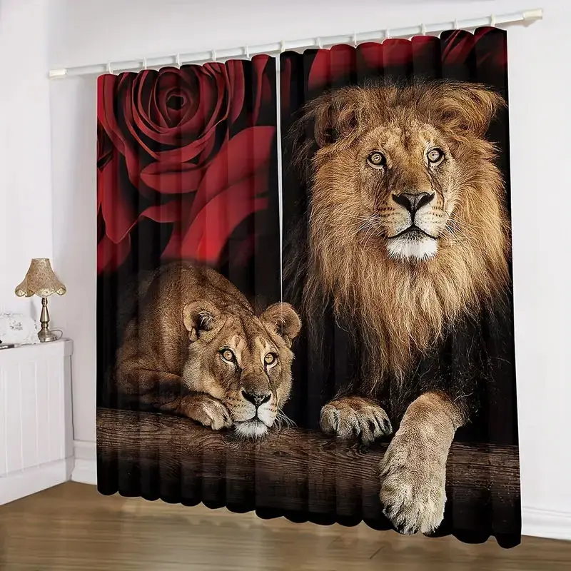 

Rose Lion Tiger Wolf Animal Floral Printed Curtains, Bedroom Office Kitchen Living Room Study Room Home Decor Curtains 2 Pcs