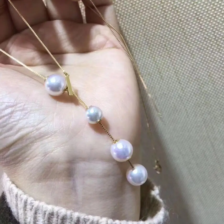

noble jewelry natural 6-7mm 8-9mm Akoya white pearl necklace pendant 18K Gold adjustable