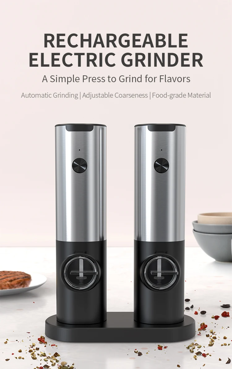 Description Picture 6 of itemRechargeable Electric Salt And Pepper Grinder Set USB Charging Base Stainless Steel Automatic Spice Grinder With LED Pepper Mill