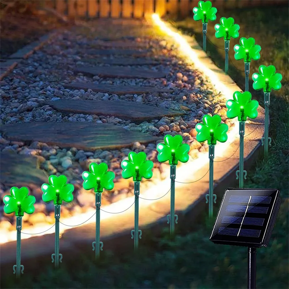100 LED 세인트 패트릭의 날 장식 조명, 태양열 토끼풀 스트링 조명, 야외 태양열 정원 통로..
