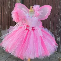 Robe Tutu à paillettes violettes pour filles, tenue Tutu féerique de fleurs avec aile de papillon et nœud de cheveux, Costumes de fête Cosplay pour enfants 2