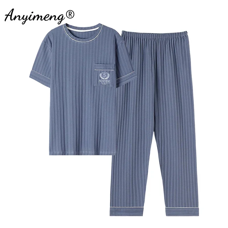 Men Plus Size Luxury Summer Nightwear Knitted Cotton Pajamas Set Short Sleeved Long Pants Fashion Elegant Leisure Sleepwear