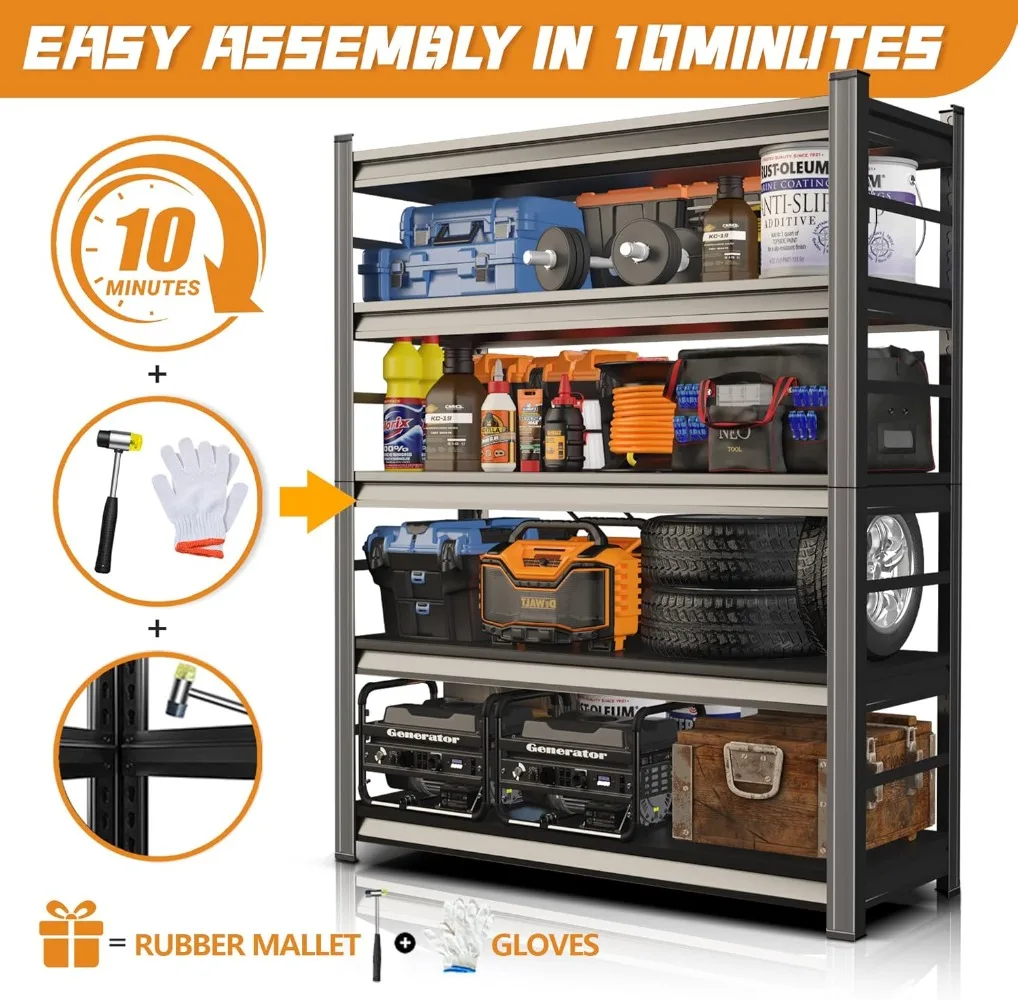 72" H Garage Shelving Unit-Adjustable 5-Tier Heavy-Duty Metal Storage Rack|3000 lbs Capacity Shelf|Easy Assembly Shelves 4